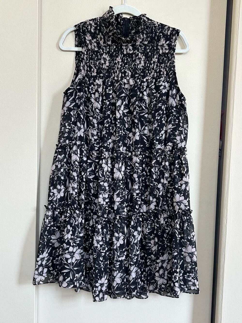 Just Taylor Black & Ivory Floral Mock Neck Smocked Chiffon Swing Dress